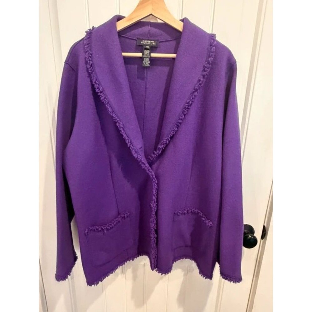 Jones New York Signature 2X Purple Wool Blend Fringe Trim Jacket Cardigan
